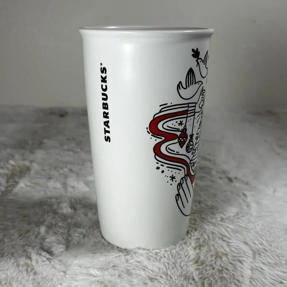 Starbucks Holiday Ceramic Travel Mug 12 oz Red White Green Tumbler w/ Lid